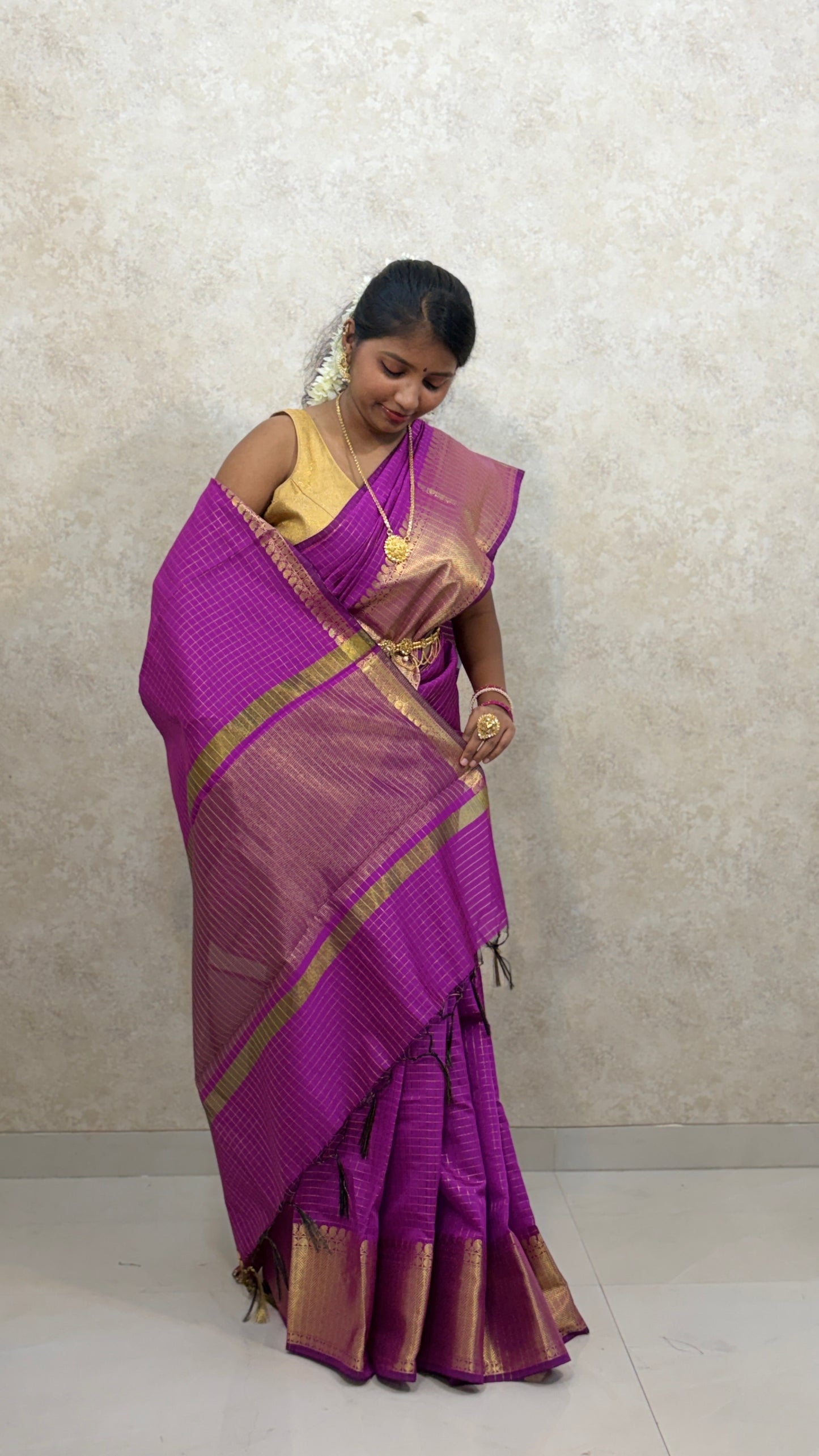 Semi Kanchi Silk sarees :Golden Grid Elegance
