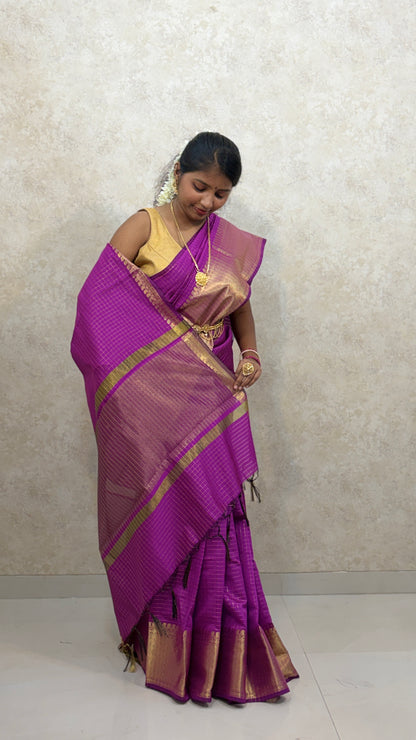 Semi Kanchi Silk sarees :Golden Grid Elegance