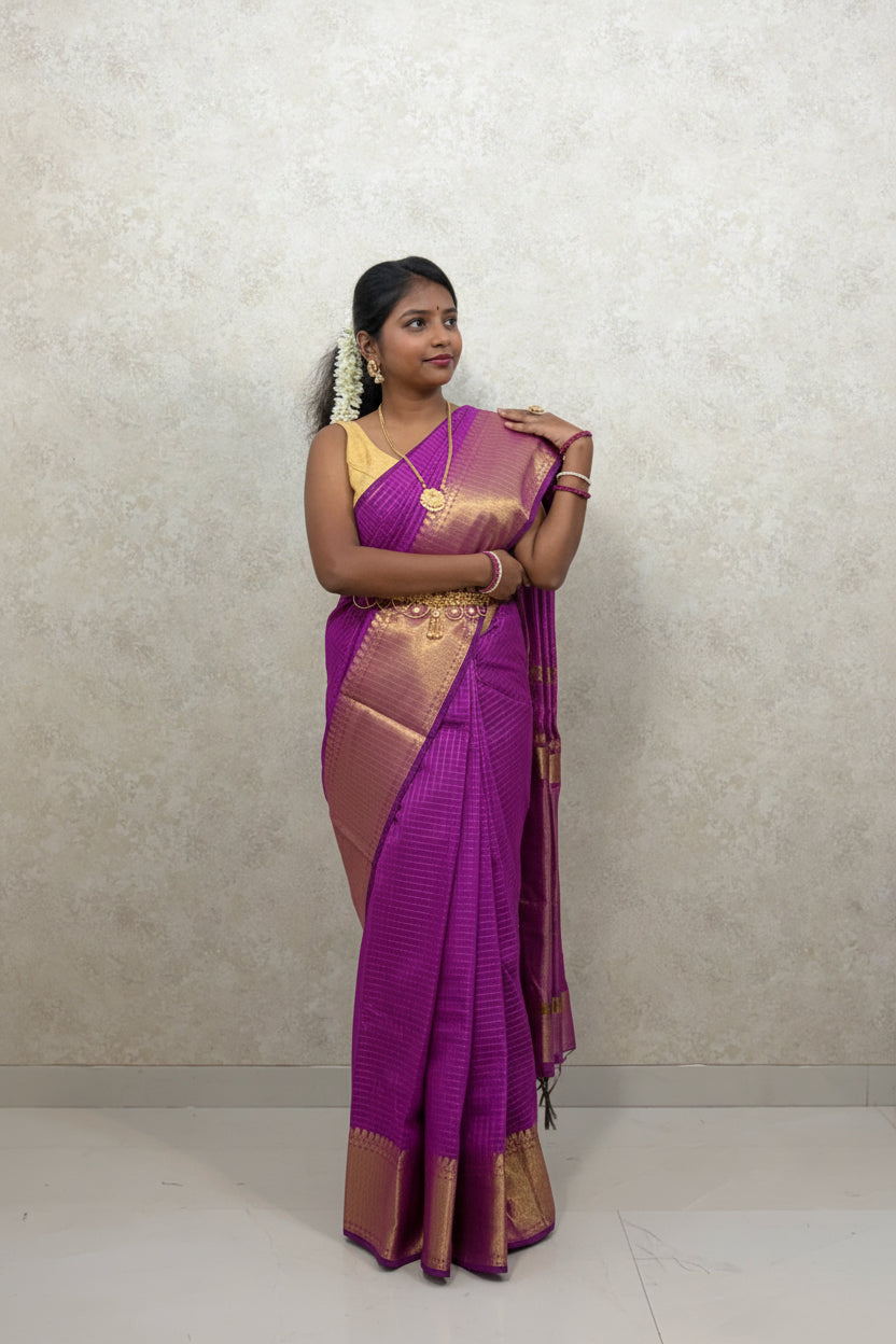Semi Kanchi Silk sarees :Golden Grid Elegance