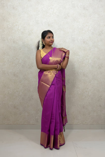 Semi Kanchi Silk sarees :Golden Grid Elegance