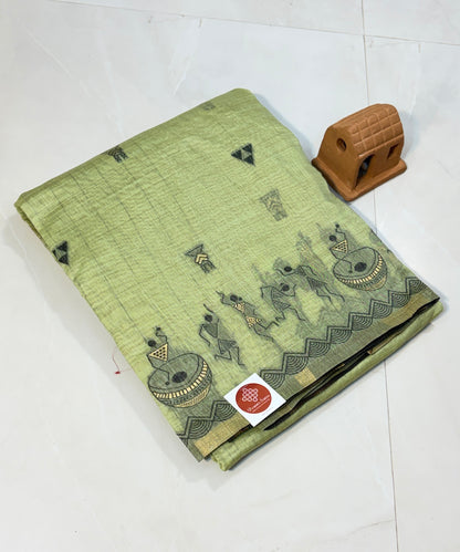 Cotton Silk saree with Warli embroidery border and Pallu.