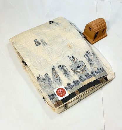 Cotton Silk saree with Warli embroidery border and Pallu.