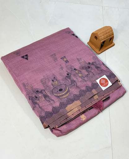 Cotton Silk saree with Warli embroidery border and Pallu.