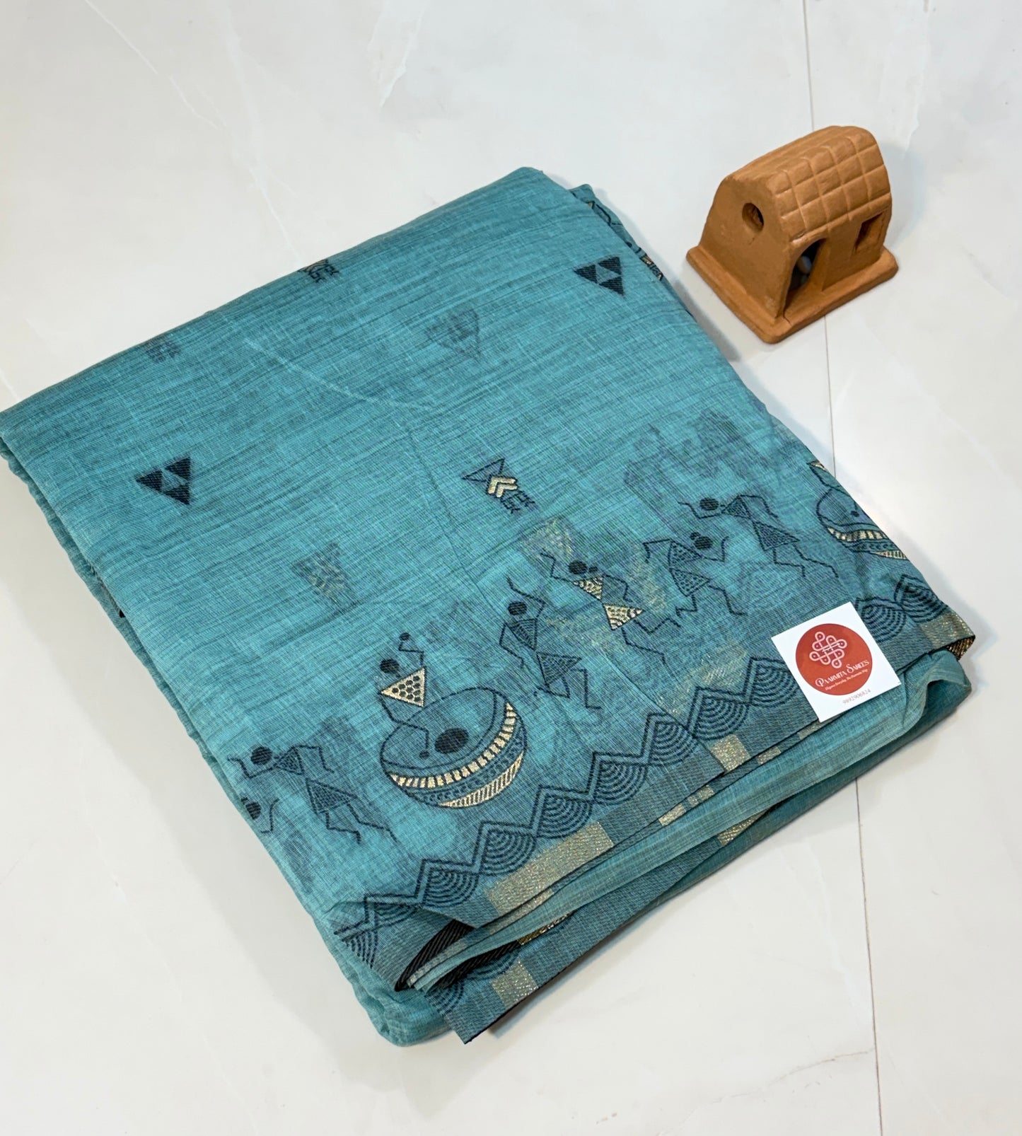 Cotton Silk saree with Warli embroidery border and Pallu.