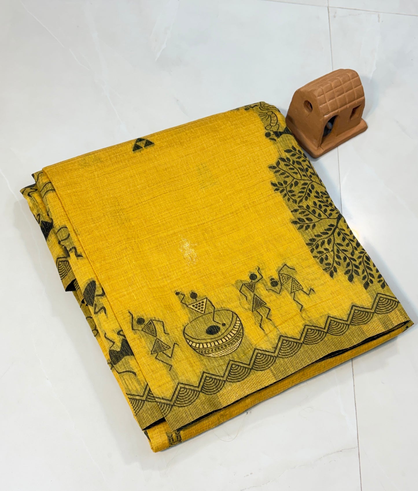 Cotton Silk saree with Warli embroidery border and Pallu.