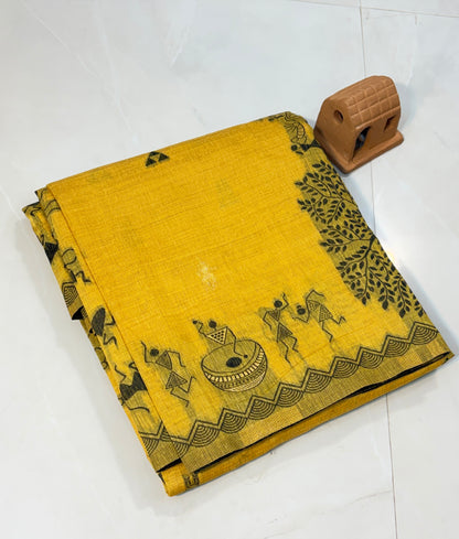 Cotton Silk saree with Warli embroidery border and Pallu.