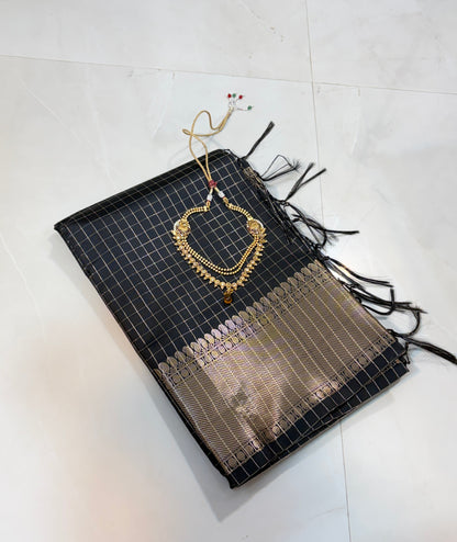 Semi Kanchi Silk sarees :Golden Grid Elegance