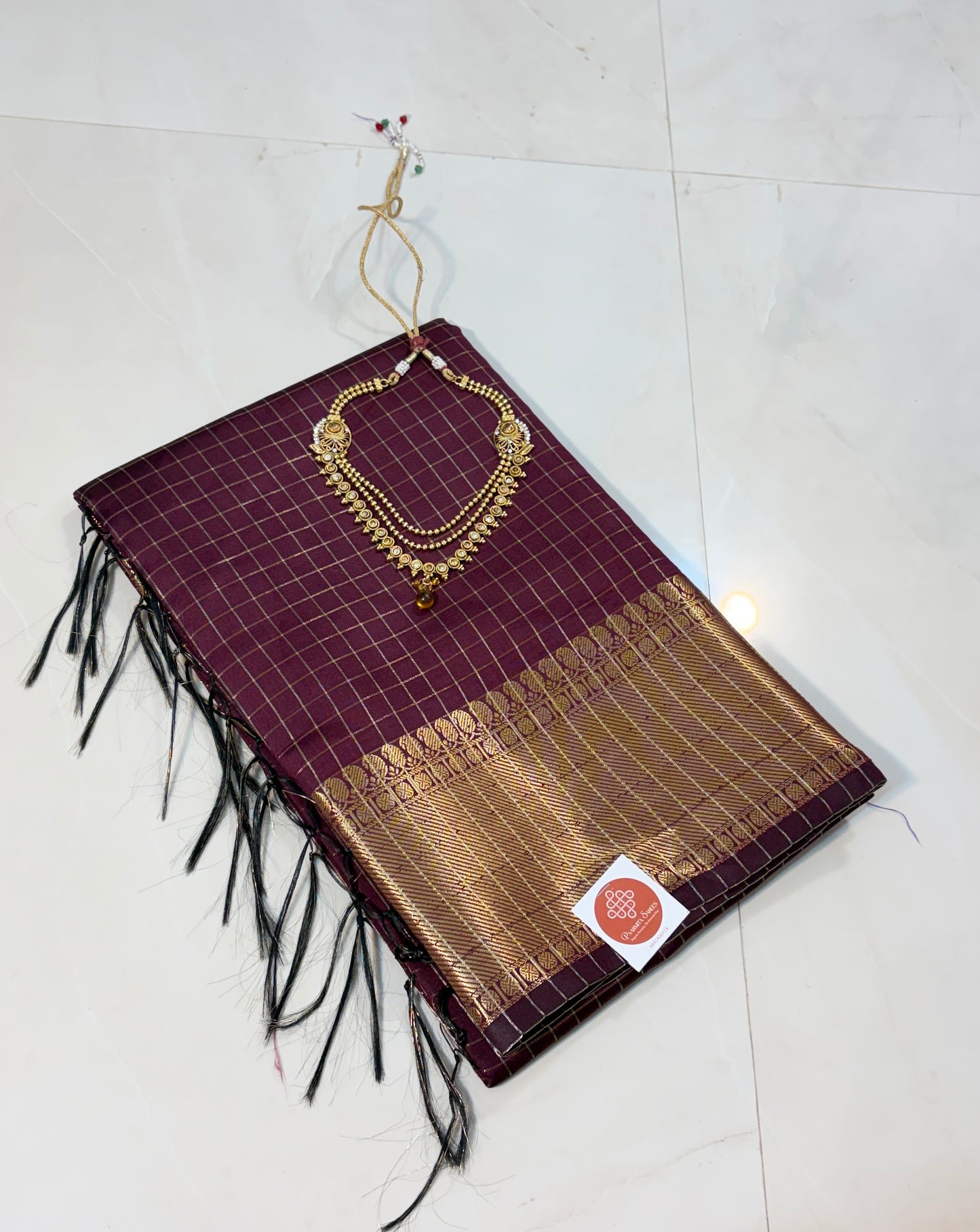 Semi Kanchi Silk sarees :Golden Grid Elegance