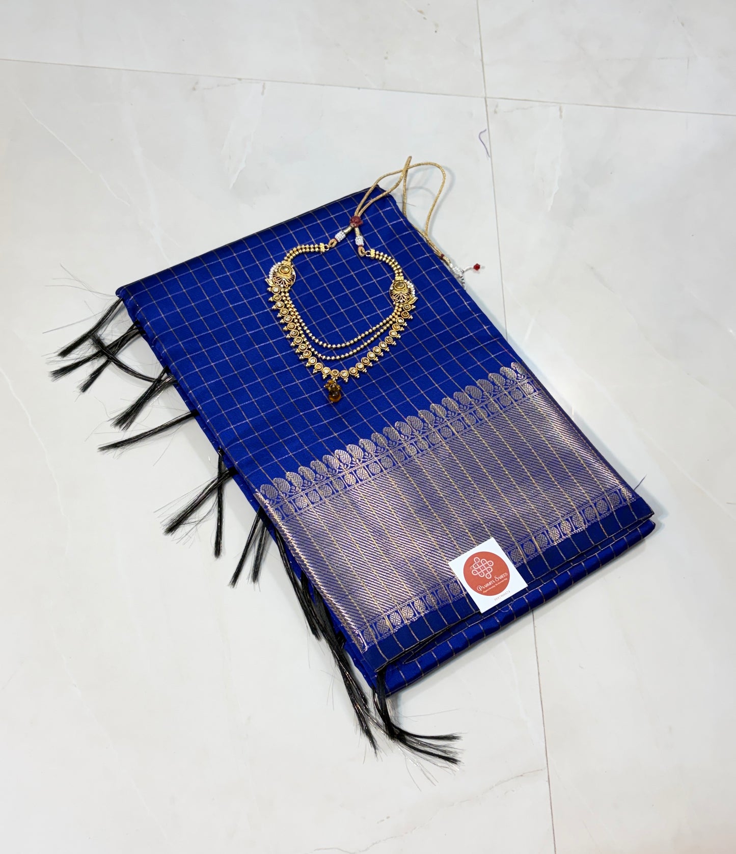 Semi Kanchi Silk sarees :Golden Grid Elegance