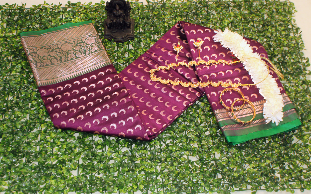 Purple Chandrakor Butta saree with crescent motifs—evoking regal grace and moonlit celebration.