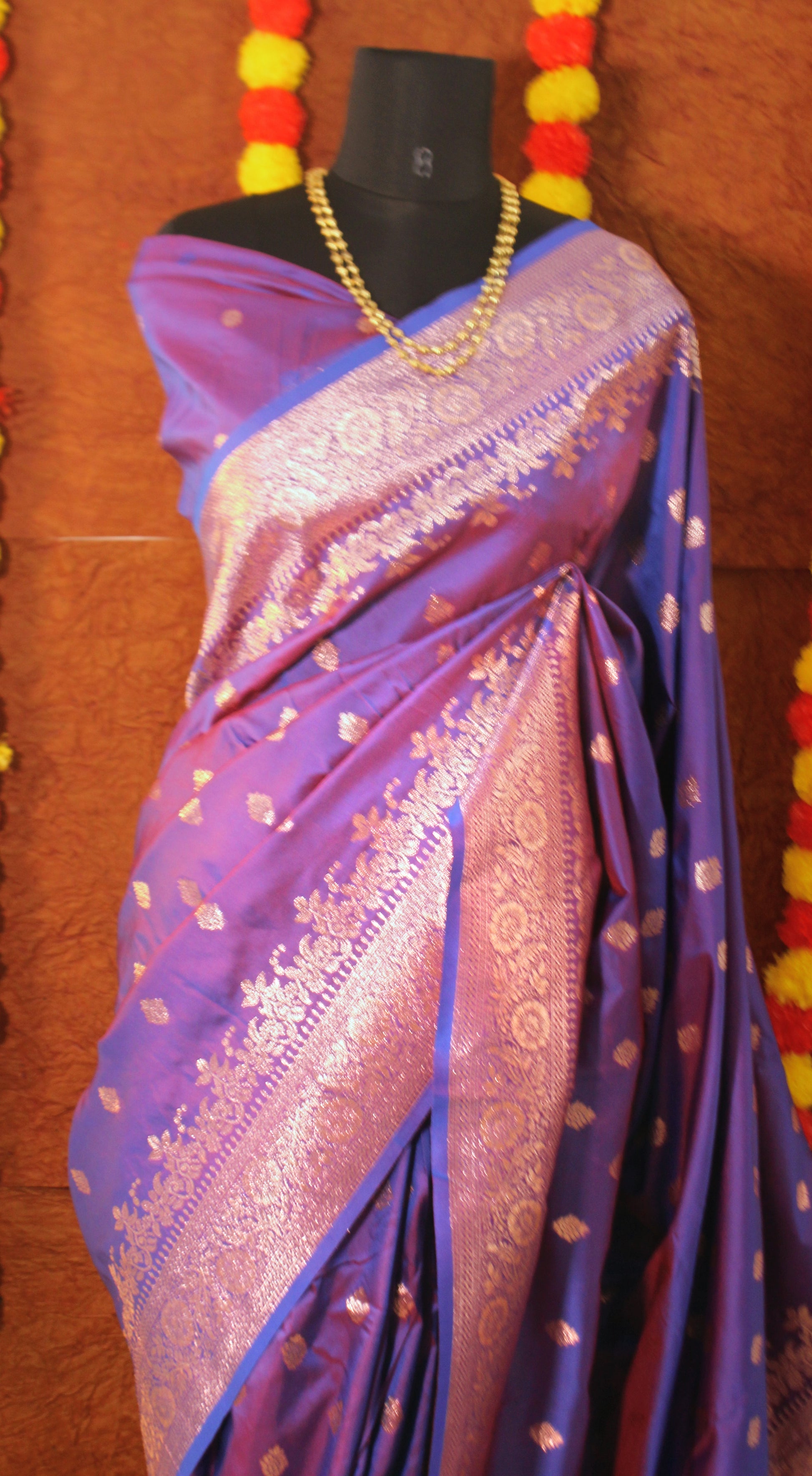 Close-up of Banarasi Semi Silk saree highlighting fine motifs and grand border detailing—evoking heritage craftsmanship and luxury.