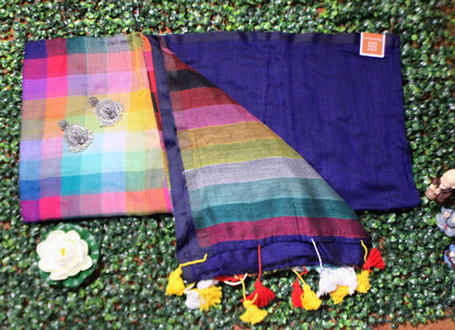 Soft cotton saree in Navy blue with bold rainbow-inspired prints