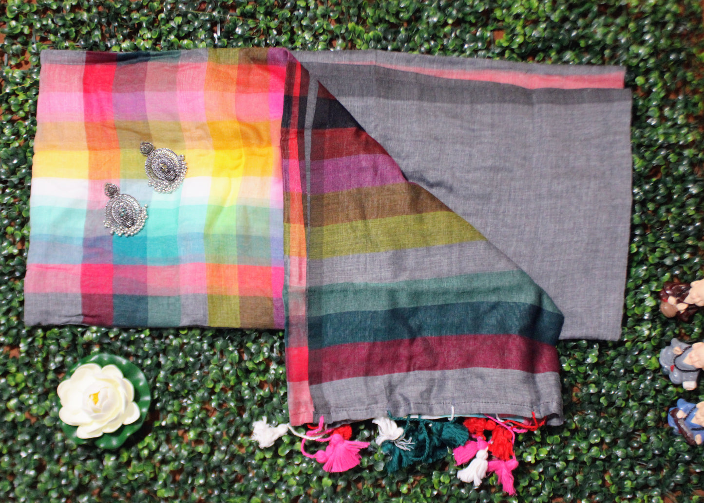 Lightweight mul cotton saree in Grey with vibrant multicolor design