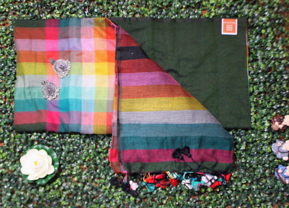 Lightweight mul cotton saree in dark green with vibrant multicolor design