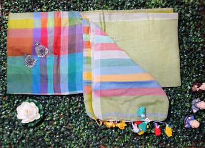 Lightweight mul cotton saree in light green with vibrant multicolor design