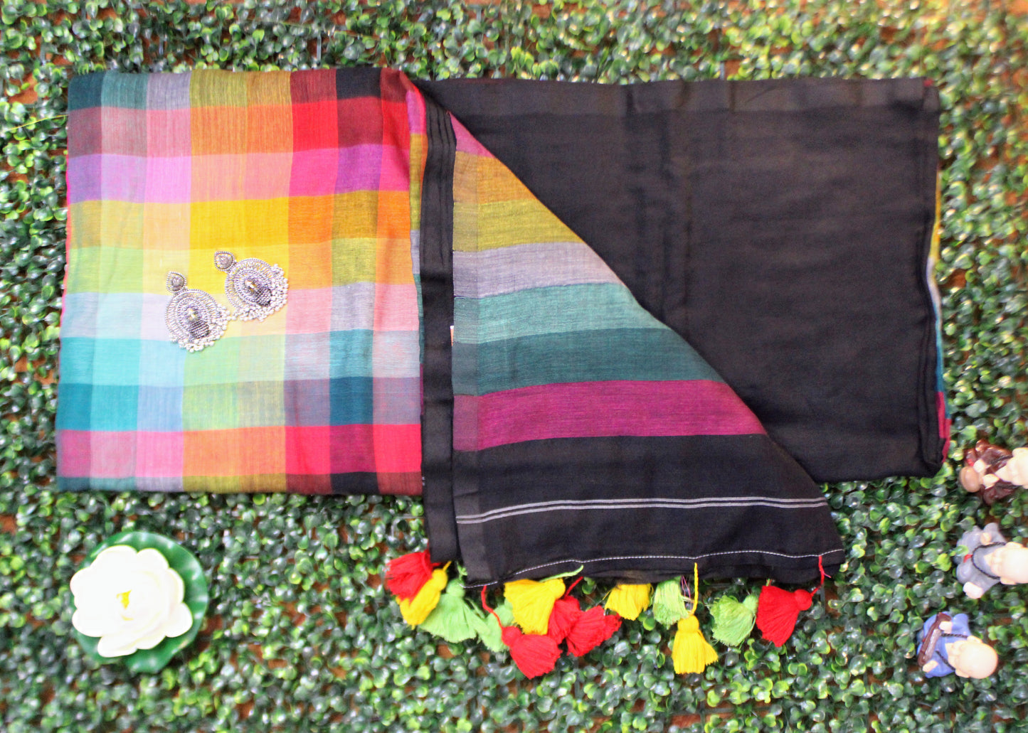 Lightweight mul cotton saree in Black with vibrant multicolor design