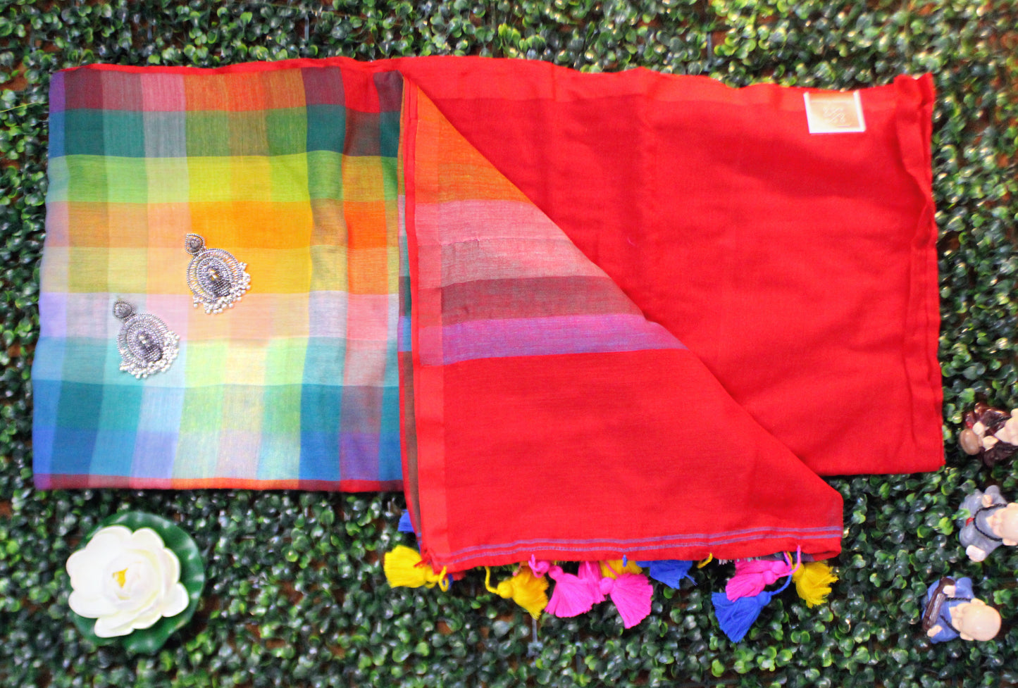 Lightweight mul cotton saree in red with vibrant multicolor design