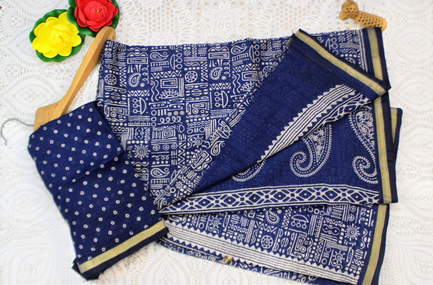 Chanderi cotton Red saree with warli print and thin golden zari border