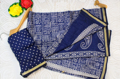Chanderi cotton Red saree with warli print and thin golden zari border