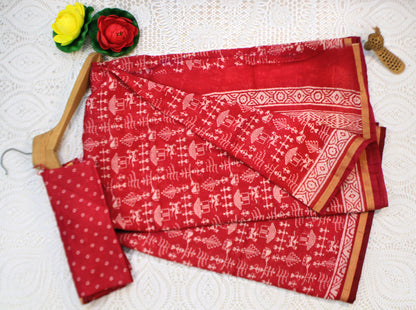 Chanderi cotton Red saree with warli print and thin golden zari border
