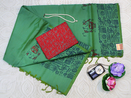Elegant semi-silk saree in peacock green featuring traditional block patterns