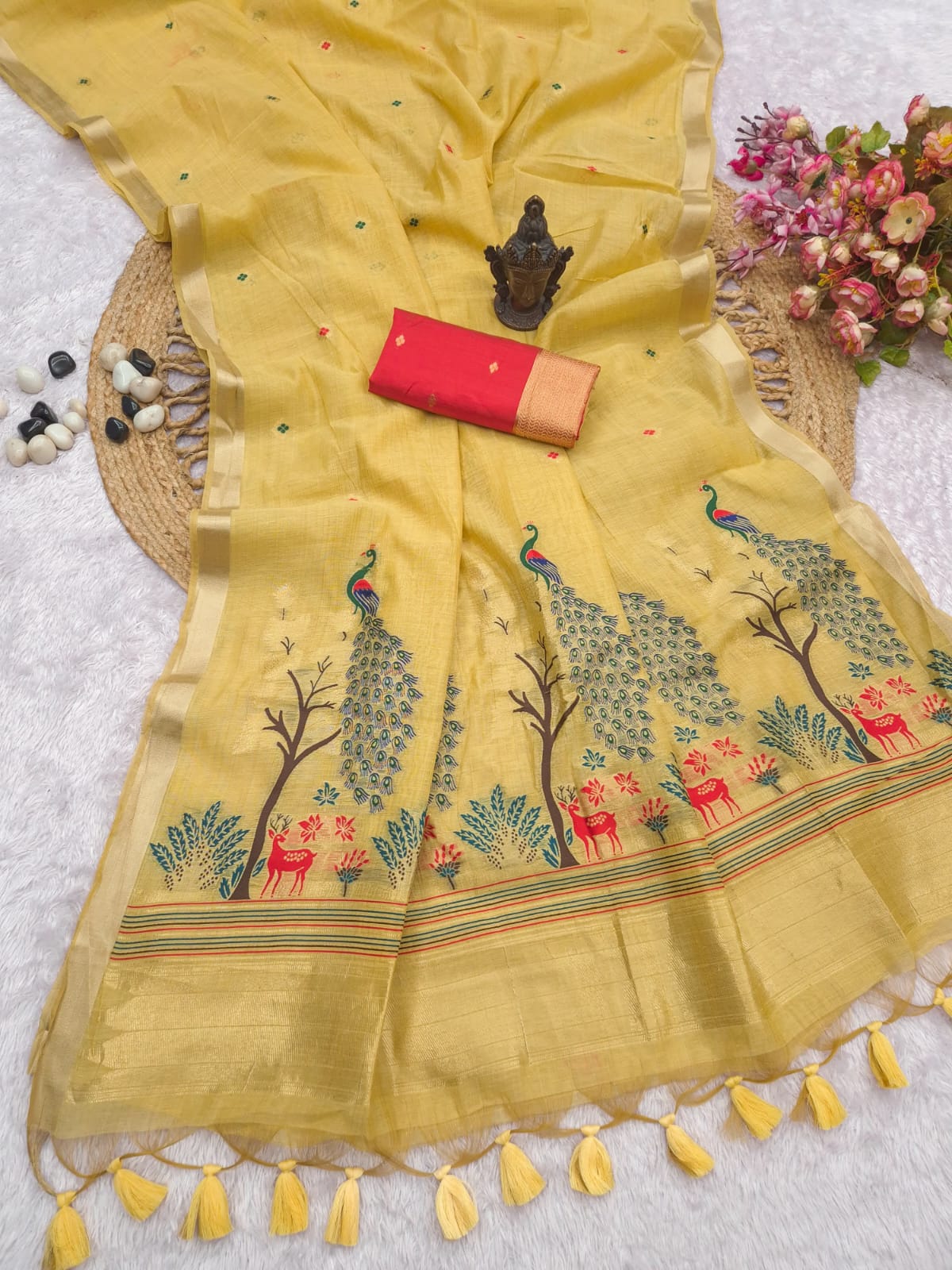Muga Cotton Silk Paithani styled Saree with beautiful Peacock embroidered pallu.
