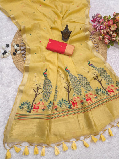 Muga Cotton Silk Paithani styled Saree with beautiful Peacock embroidered pallu.