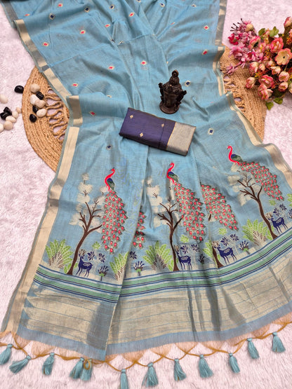 Muga Cotton Silk Paithani styled Saree with beautiful Peacock embroidered pallu.