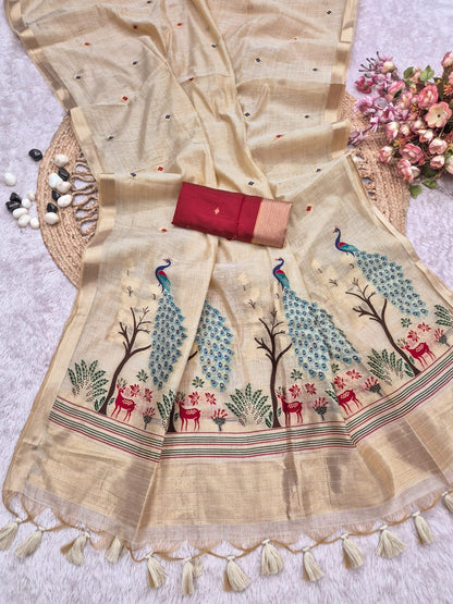 Muga Cotton Silk Paithani styled Saree with beautiful Peacock embroidered pallu.