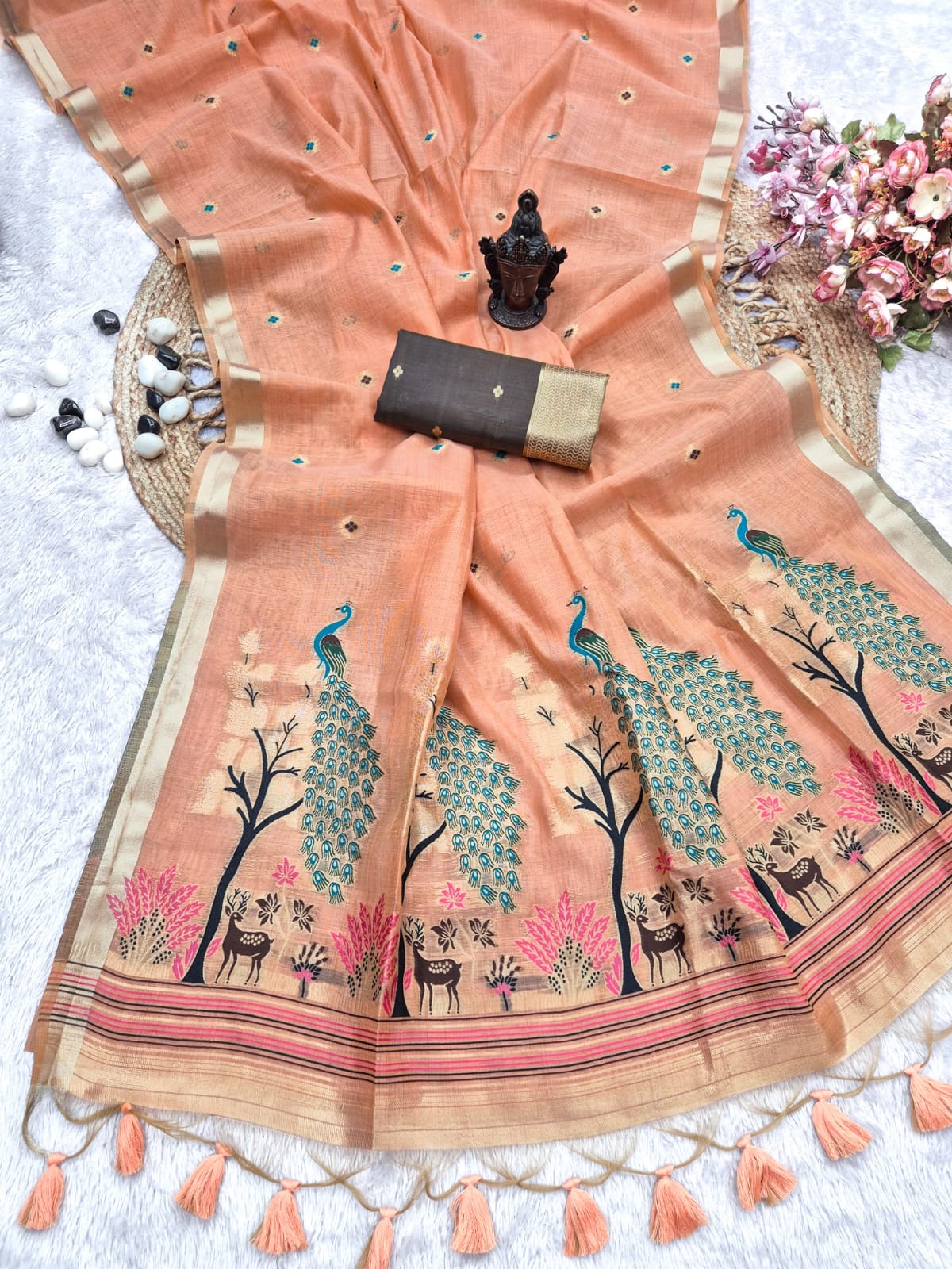 Muga Cotton Silk Paithani styled Saree with beautiful Peacock embroidered pallu.