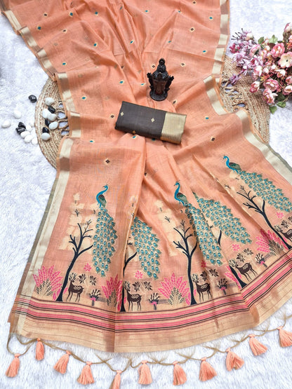 Muga Cotton Silk Paithani styled Saree with beautiful Peacock embroidered pallu.