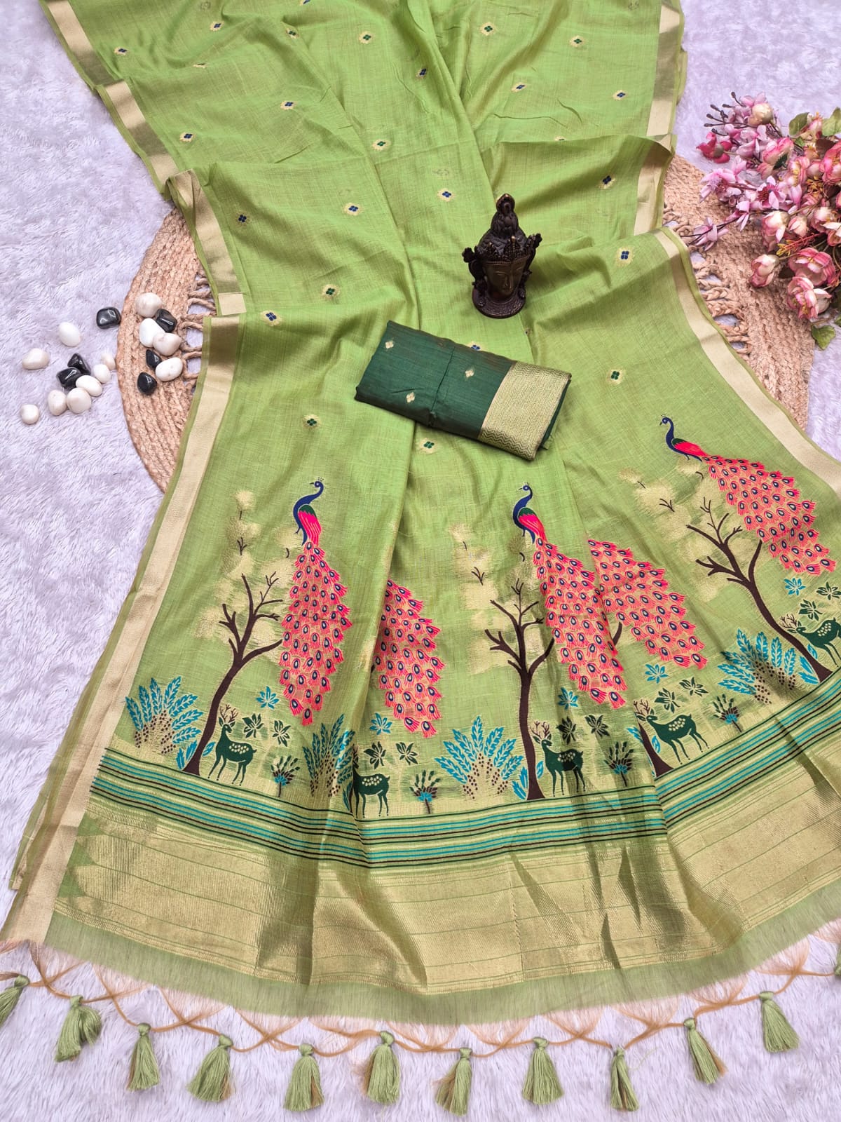 Muga Cotton Silk Paithani styled Saree with beautiful Peacock embroidered pallu.