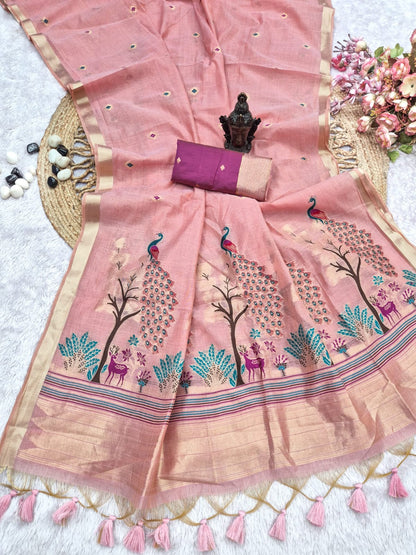 Muga Cotton Silk Paithani styled Saree with beautiful Peacock embroidered pallu.