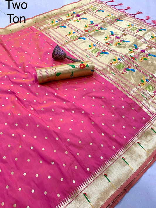Muniya border Paithani with  delicate zari butta, intricate peacock and endless elegance