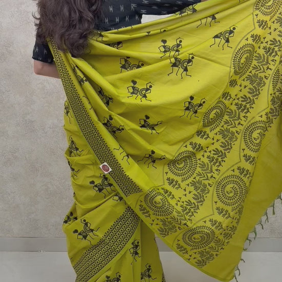 Model draped in Cotton Silk Saree featuring artisanal block prints and elegant texture
