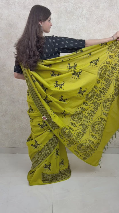 Model draped in Cotton Silk Saree featuring artisanal block prints and elegant texture