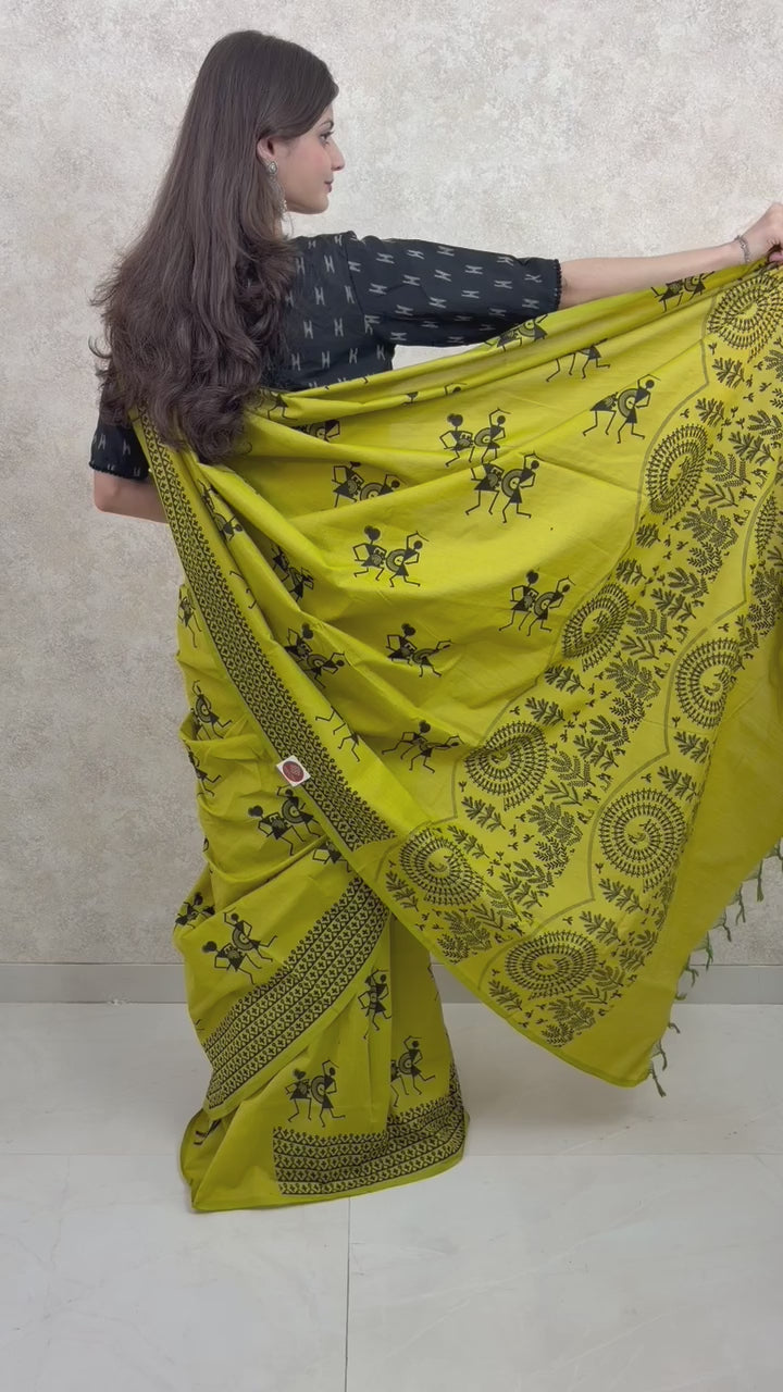 Model draped in Cotton Silk Saree featuring artisanal block prints and elegant texture