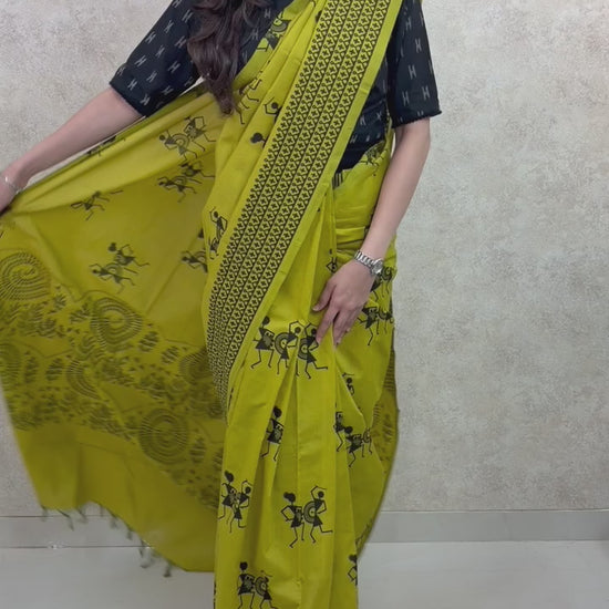 Elegant woman in handcrafted Cotton Silk Saree with vibrant block print motifs