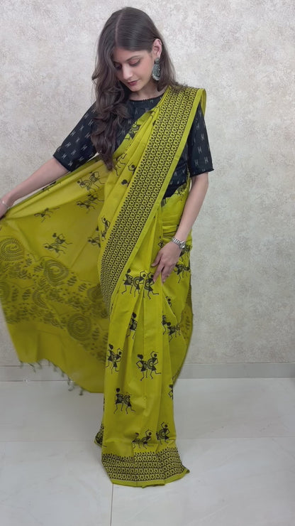 Elegant woman in handcrafted Cotton Silk Saree with vibrant block print motifs