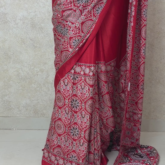 Female model wearing Ajrakh Allure on Modal Magic Saree, blending tradition with modern style
