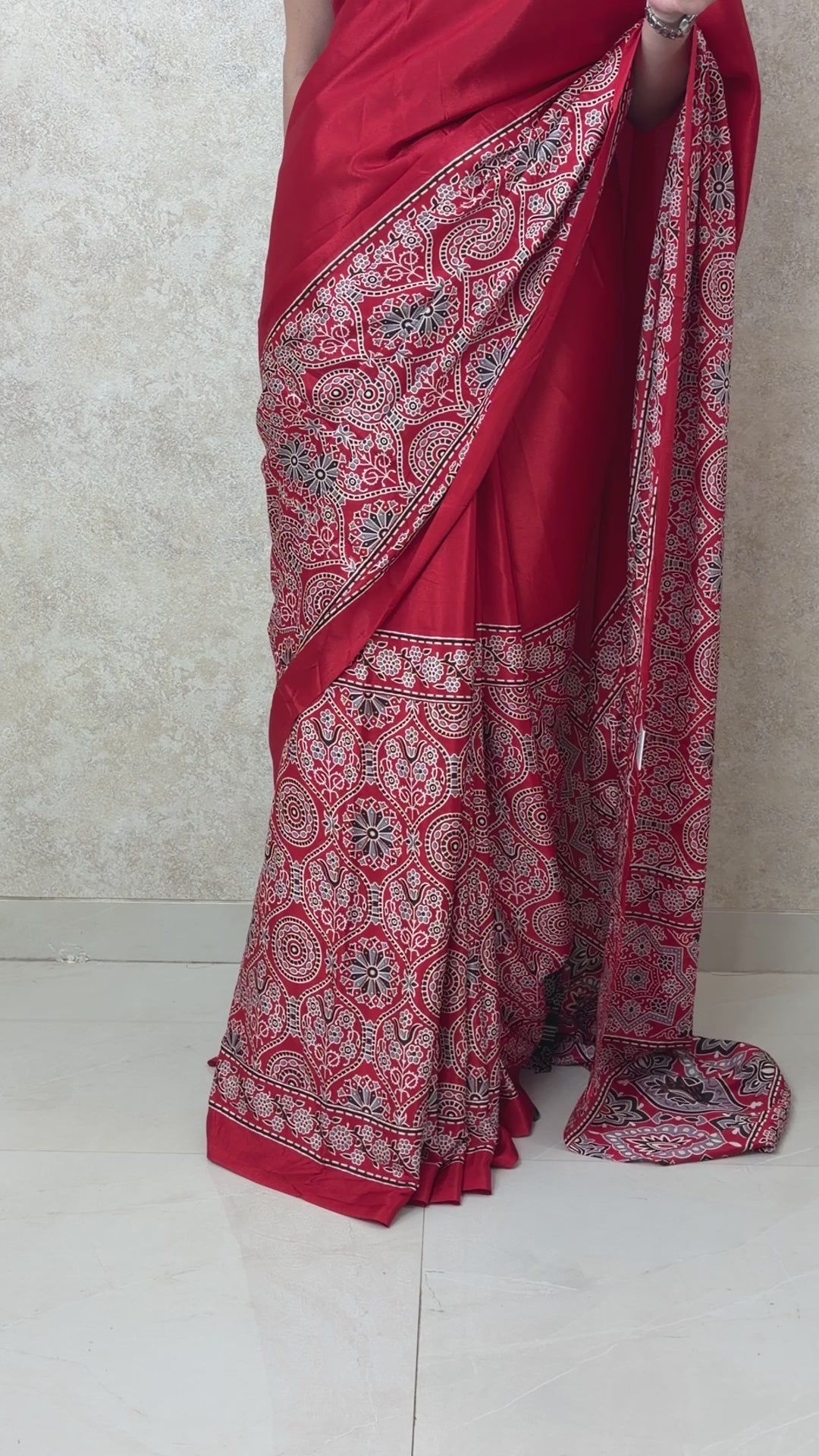 Female model wearing Ajrakh Allure on Modal Magic Saree, blending tradition with modern style