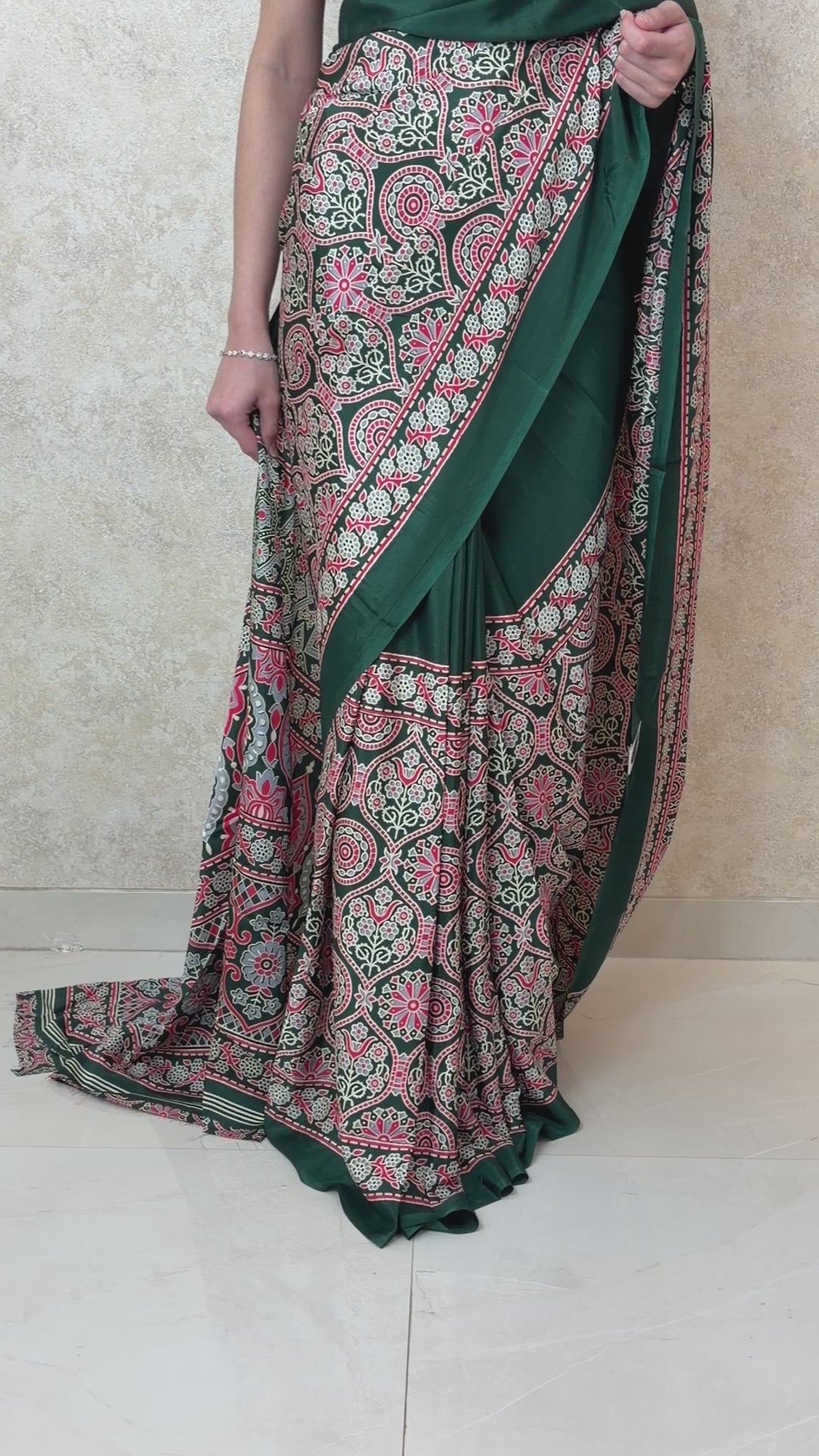 Woman wearing Modal Silk Saree with Ajrakh Allure print, styled for festive elegance